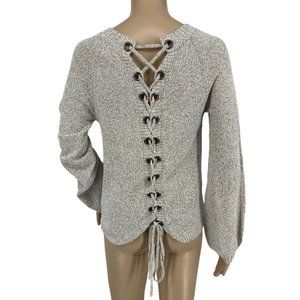 Aeon lace up sweater s long balloon sleeve v neck ribbed oatmeal beige stretchy